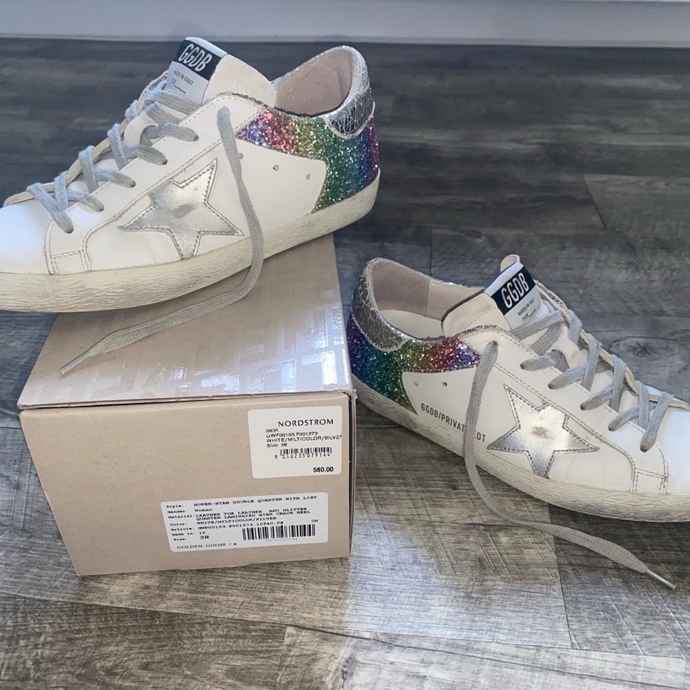 Golden Goose White Sneakers with Rainbow Glitter